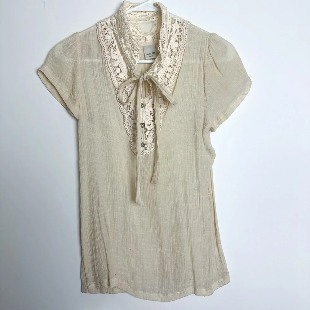 Cream Lace-Trimmed Women's Top with Bow Tie - Picture 1 of 14